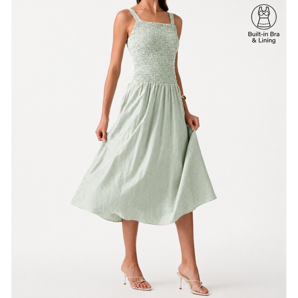 NWT OGL Striped Poplin Square Neck Smocked Midi Bra Dress S Mizzle Green White